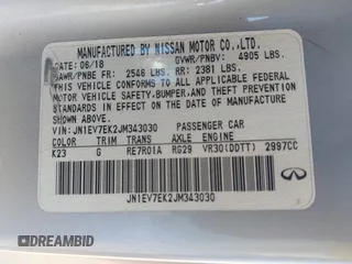 2018 Infiniti Q60 Luxe with VIN JN1EV7EK2JM343030, listed as a IAAI auction lot 42827233 with 97,945 mi miles and . Bid and sale history available at DreamBid. Image 9.