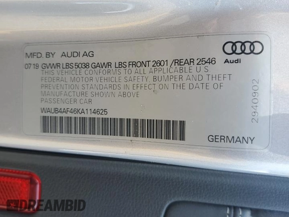 2019 Audi S4 Premium Plus with VIN WAUB4AF46KA114625, listed as a Copart auction lot 61063054 with 32,239 mi miles and Salvage Title. Bid and sale history available at carsss.com. Image 12.