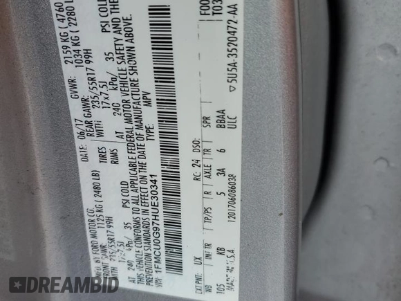 2017 Ford Escape SE with VIN 1FMCU0G97HUE30341, listed as a Copart auction lot 45556555 with 84,152 mi miles and Salvage Title. Bid and sale history available at DreamBid. Image 13.
