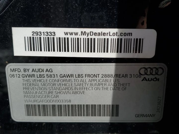 2013 Audi A8 L 3.0L with VIN WAURGAFD0DN003358, listed as a Copart auction lot 55416175 with 114,973 mi miles and Salvage Title. Bid and sale history available at carsss.com. Image 12.