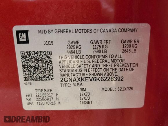 2019 Chevrolet Equinox LT with VIN 2GNAXKEV6K6228392, listed as a Copart auction lot 56242855 with 88,947 mi miles and Salvage title. Bid and sale history available at DreamBid. Image 12.