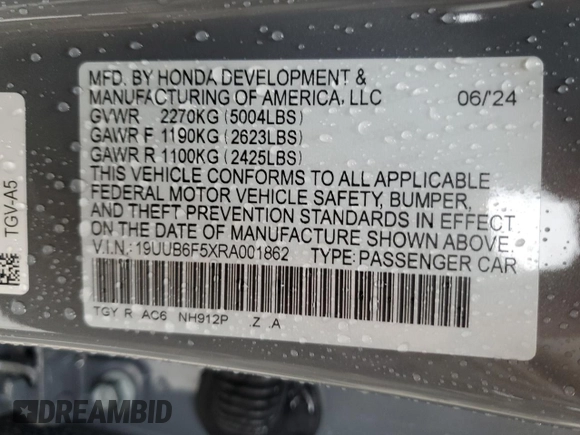 2024 Acura TLX w/A-Spec Package with VIN 19UUB6F5XRA001862, listed as a Copart auction lot 70484204 with 1,400 mi miles and Salvage Title. Bid and sale history available at carsss.com. Image 13.