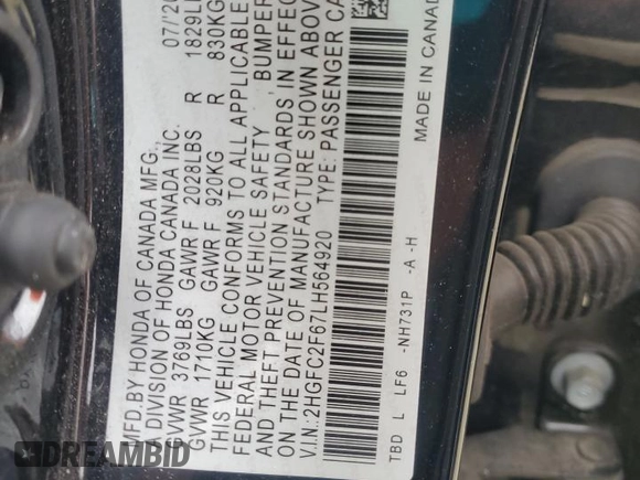 2020 Honda Civic LX with VIN 2HGFC2F67LH564920, listed as a Copart auction lot 51044585 with 42,003 mi miles and Salvage Title. Bid and sale history available at DreamBid. Image 14.