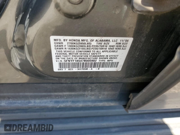 2007 Honda Pilot EX-L with VIN 5FNYF18547B005902, listed as a Copart auction lot 61966735 with 232,592 mi miles and Salvage title. Bid and sale history available at DreamBid. Image 12.