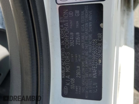 2009 Kia Spectra LX with VIN KNAFE221995630318, listed as a Copart auction lot 55817285 with Not provided miles and Non repairable. Bid and sale history available at DreamBid. Image 12.