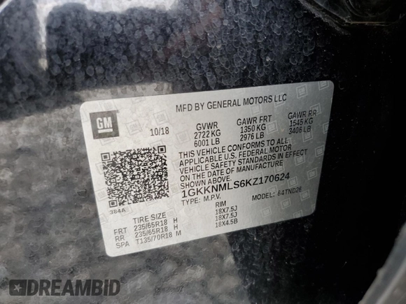 2019 GMC Acadia SLT z VIN 1GKKNMLS6KZ170624, wystawiony jako Copart lot #54150215 z przebiegiem 74 083 mil mil oraz Szkoda całkowita • Salvage title. Historia ofert i sprzedaży dostępna na DreamBid. Obrazek 13.