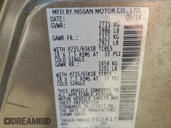 2014 Nissan Pathfinder S z VIN 5N1AR2MN6EC702417, wystawiony jako Copart lot #55015915 z przebiegiem 170 435 mil mil oraz Szkoda całkowita • Salvage title. Historia ofert i sprzedaży dostępna na DreamBid. Obrazek 14.
