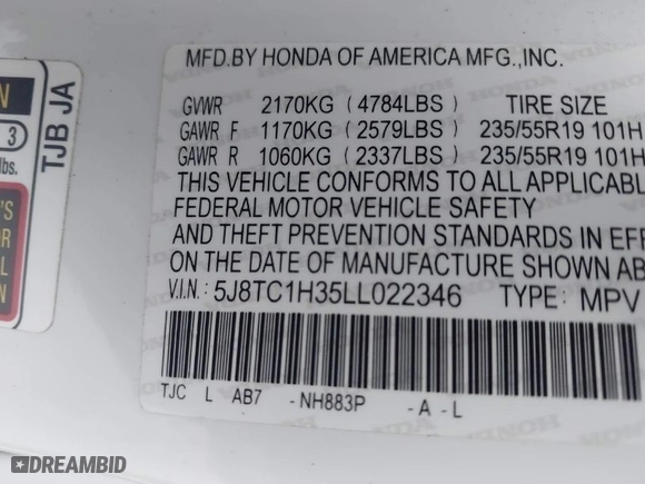2020 Acura RDX with VIN 5J8TC1H35LL022346, listed as a IAAI auction lot 41170065 with 55,907 mi miles. Bid and sale history available at carsss.com. Image 9.