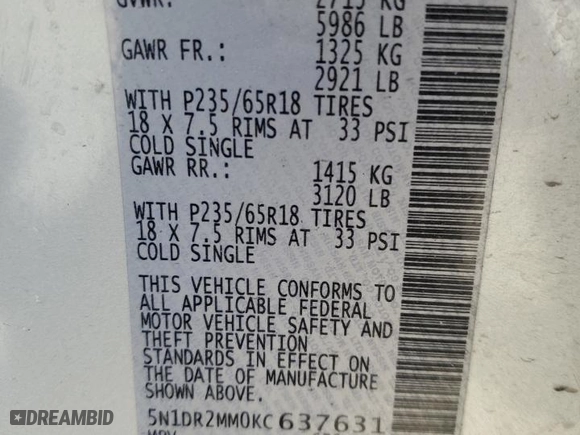 2019 Nissan Pathfinder SV with VIN 5N1DR2MM0KC637631, listed as a Copart auction lot 84342194 with 0 mi miles and Salvage Title. Bid and sale history available at carsss.com. Image 14.
