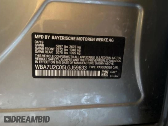 2020 BMW 7 Series 750i xDrive with VIN WBA7U2C05LGJ59633, listed as a Copart auction lot 59625975 with 73,471 mi miles and Clean title. Bid and sale history available at DreamBid. Image 10.