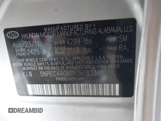2012 Hyundai Sonata Limited z VIN 5NPEC4AC6CH361933, wystawiony jako IAAI lot #42004586 z przebiegiem 88 500 mil mil oraz . Historia ofert i sprzedaży dostępna na DreamBid. Obrazek 9.