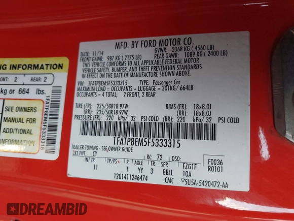 2015 Ford Mustang V6 with VIN 1FATP8EM5F5333315, listed as a IAAI auction lot 40317316 with 141,283 mi miles and . Bid and sale history available at DreamBid. Image 9.
