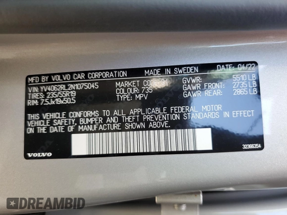 2022 Volvo XC60 Inscription с VIN YV4062RL2N1075045, выставлен на аукционе Copart как лот 76339874 с пробегом 11 055 миль миль и На запчасти • Non repairable. История ставок и продаж доступна на DreamBid. Изображение 13.