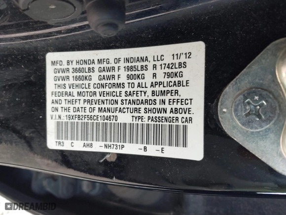 2012 Honda Civic Sdn LX with VIN 19XFB2F56CE104670, listed as a IAAI auction lot 41137265 with 247,887 mi miles. Bid and sale history available at carsss.com. Image 9.