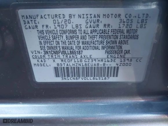 2020 Nissan Versa SR with VIN 3N1CN8FV0LL865187, listed as a IAAI auction lot 40880905 with 79,868 mi miles. Bid and sale history available at carsss.com. Image 9.