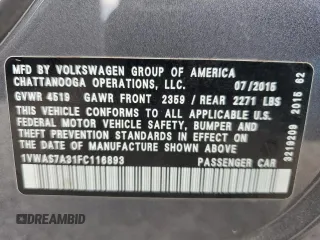2015 Volkswagen Passat S with VIN 1VWAS7A31FC116893, listed as a Copart auction lot 51639775 with 15,500 mi miles and Clean title. Bid and sale history available at DreamBid. Image 12.