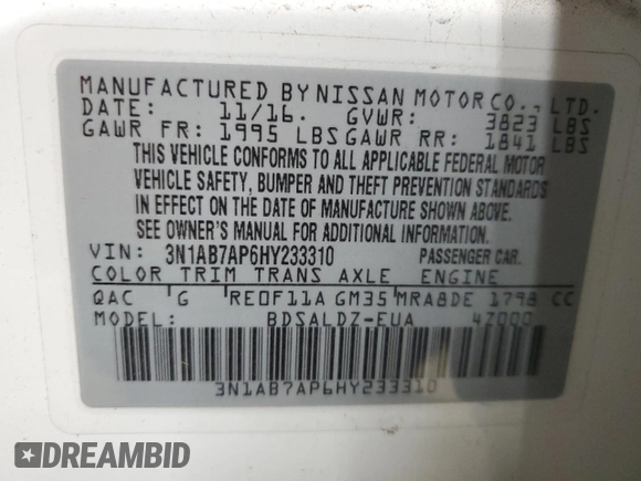 2017 Nissan Sentra S with VIN 3N1AB7AP6HY233310, listed as a Copart auction lot 50043905 with 107,710 mi miles and Salvage Title. Bid and sale history available at DreamBid. Image 14.