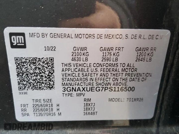 2023 Chevrolet Equinox LT with VIN 3GNAXUEG7PS116500, listed as a Copart auction lot 48172345 with 14,932 mi miles and Salvage Title. Bid and sale history available at DreamBid. Image 12.