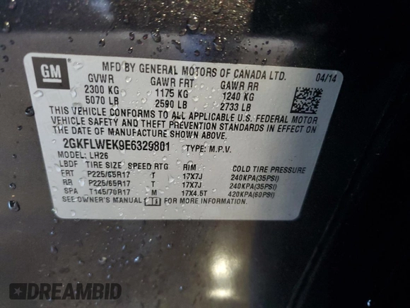 2014 GMC Terrain SLE with VIN 2GKFLWEK9E6329801, listed as a Copart auction lot 62076775 with 90,512 mi miles and Salvage title. Bid and sale history available at DreamBid. Image 14.