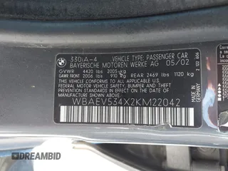 2002 BMW 3 Series 330i with VIN WBAEV534X2KM22042, listed as a IAAI auction lot 41626448 with 114,166 mi miles and . Bid and sale history available at DreamBid. Image 9.