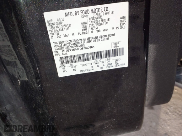2013 Ford F-150 XL с VIN 1FTEX1EM7DFC40961, выставлен на аукционе IAAI как лот 41383174 с пробегом 153 619 миль миль и . История ставок и продаж доступна на DreamBid. Изображение 9.