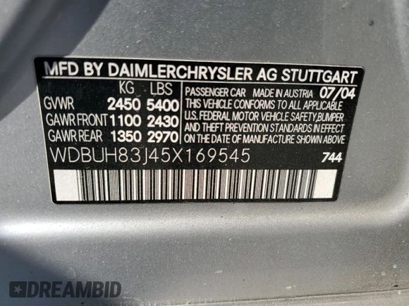 2005 Mercedes-Benz E 500 with VIN WDBUH83J45X169545, listed as a Copart auction lot 42257535 with 183,793 mi miles and Clean Title. Bid and sale history available at carsss.com. Image 12.