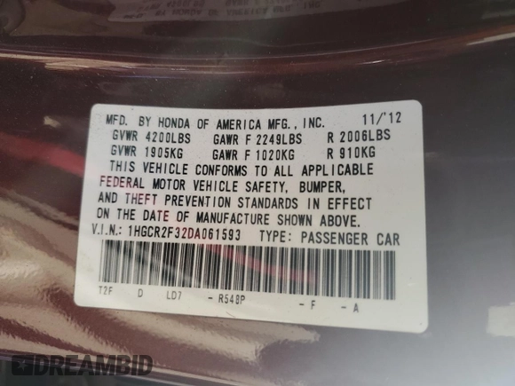 2013 Honda Accord LX z VIN 1HGCR2F32DA061593, wystawiony jako Copart lot #75880224 z przebiegiem 146 986 mil mil oraz Szkoda całkowita • Salvage title. Historia ofert i sprzedaży dostępna na DreamBid. Obrazek 12.
