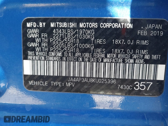 2019 Mitsubishi Outlander ES with VIN JA4AP3AU8KU025396, listed as a IAAI auction lot 42095905 with 98,521 mi miles and . Bid and sale history available at DreamBid. Image 9.
