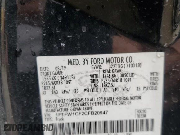 2012 Ford F-150 XL with VIN 1FTFW1CF2CFB20947, listed as a Copart auction lot 51259415 with 262,546 mi miles and Salvage Title. Bid and sale history available at carsss.com. Image 12.