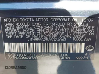 2010 Lexus IS 350 with VIN JTHBE5C25A5024043, listed as a IAAI auction lot 41761788 with 162,716 mi miles and . Bid and sale history available at DreamBid. Image 9.