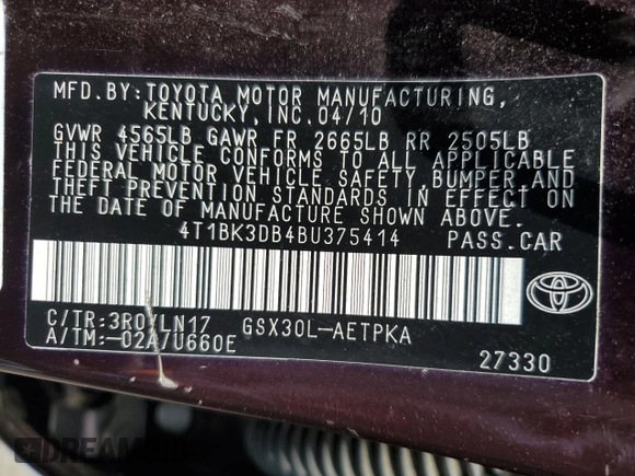 2011 Toyota Avalon with VIN 4T1BK3DB4BU375414, listed as a Copart auction lot 63068005 with 119,395 mi miles and Salvage title. Bid and sale history available at DreamBid. Image 12.
