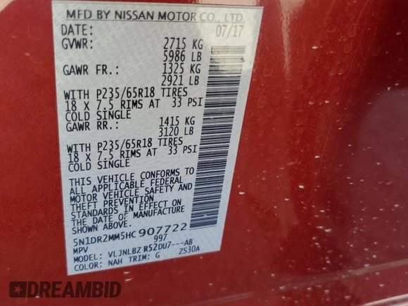 2017 Nissan Pathfinder Platinum with VIN 5N1DR2MM5HC907722, listed as a Copart auction lot 61256935 with 155,020 mi miles and Salvage title. Bid and sale history available at DreamBid. Image 13.