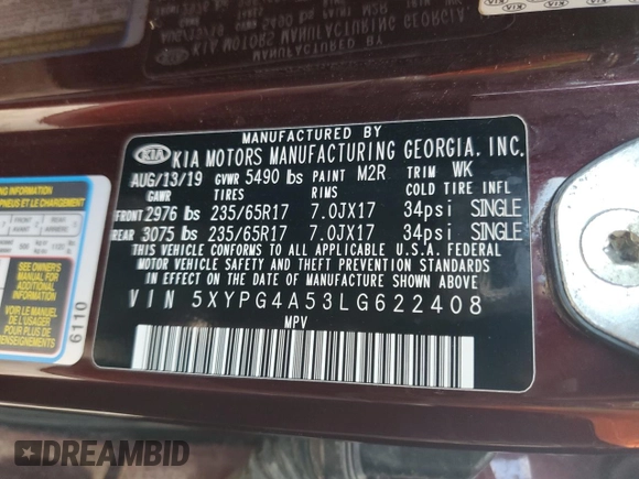 2020 Kia Sorento LX with VIN 5XYPG4A53LG622408, listed as a Copart auction lot 48819525 with 88,007 mi miles and Salvage Title. Bid and sale history available at DreamBid. Image 15.