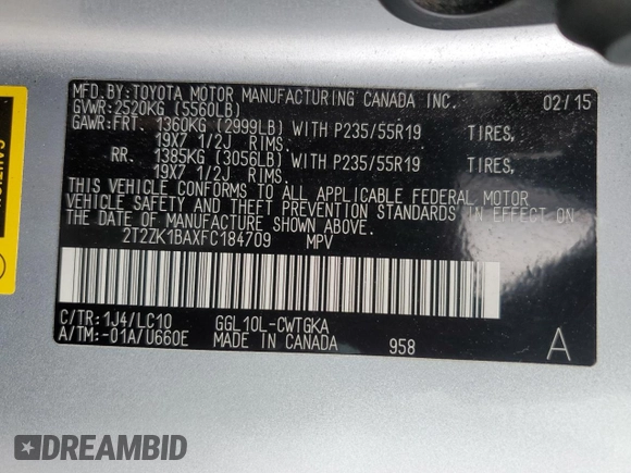 2015 Lexus RX 350 with VIN 2T2ZK1BAXFC184709, listed as a Copart auction lot 54757795 with 121,755 mi miles and Salvage Title. Bid and sale history available at DreamBid. Image 12.