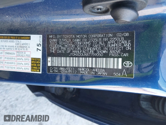 2008 Toyota Prius with VIN JTDKB20UX87759050, listed as a IAAI auction lot 42142585 with Not Provided miles. Bid and sale history available at carsss.com. Image 9.