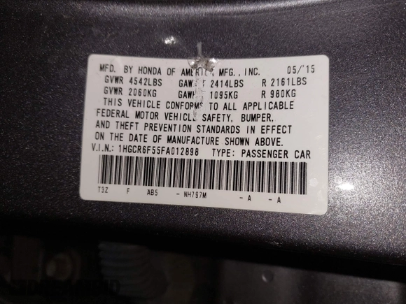 2015 Honda Accord EX-L с VIN 1HGCR6F55FA012898, выставлен на аукционе IAAI как лот 42348425 с пробегом 90 499 миль миль и . История ставок и продаж доступна на DreamBid. Изображение 9.