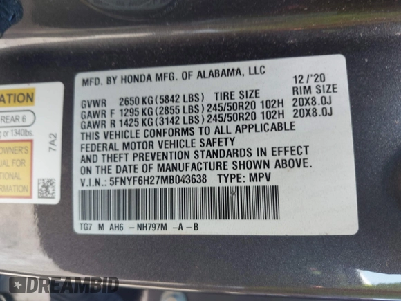 2021 Honda Pilot Special Edition z VIN 5FNYF6H27MB043638, wystawiony jako IAAI lot #42127878 z przebiegiem 50 401 mil mil oraz . Historia ofert i sprzedaży dostępna na DreamBid. Obrazek 9.
