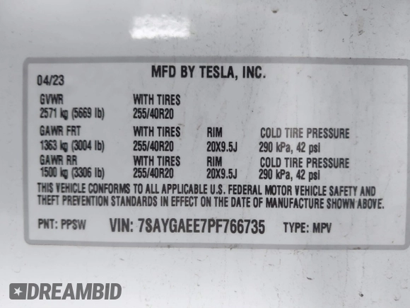 2023 Tesla Model Y Long Range with VIN 7SAYGAEE7PF766735, listed as a IAAI auction lot 41626651 with 21,983 mi miles. Bid and sale history available at carsss.com. Image 9.