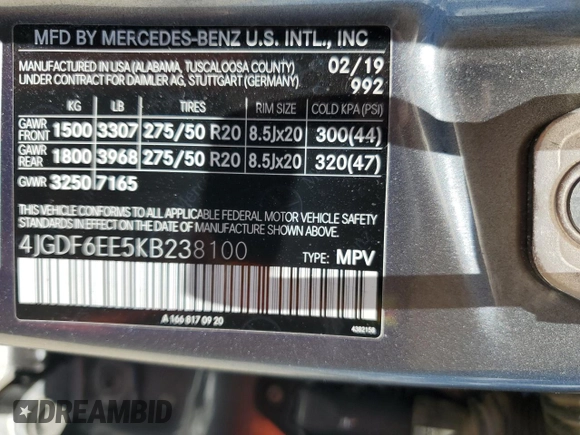 2019 Mercedes-Benz GLS 450 with VIN 4JGDF6EE5KB238100, listed as a Copart auction lot 60131264 with 94,148 mi miles and Non Repairable. Bid and sale history available at DreamBid. Image 14.
