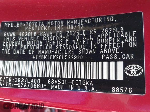 2012 Toyota Camry SE with VIN 4T1BK1FK2CU522980, listed as a IAAI auction lot 42048620 with 262,190 mi miles. Bid and sale history available at carsss.com. Image 9.