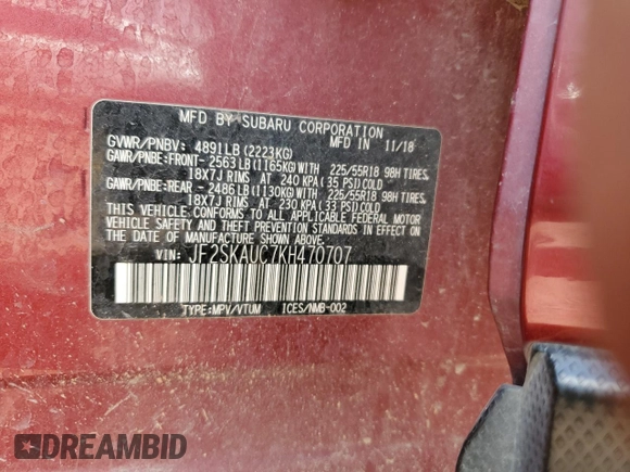 2019 Subaru Forester Limited with VIN JF2SKAUC7KH470707, listed as a Copart auction lot 62237045 with 106,020 mi miles and Clean title. Bid and sale history available at DreamBid. Image 12.