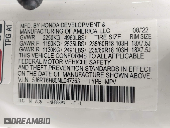 2022 Honda CR-V EX-L с VIN 5J6RT6H80NL047363, выставлен на аукционе IAAI как лот 42415703 с пробегом 64 241 миль миль и . История ставок и продаж доступна на DreamBid. Изображение 9.