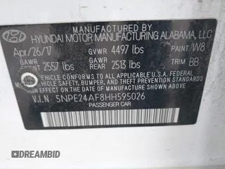 2017 Hyundai Sonata SE with VIN 5NPE24AF8HH595026, listed as a IAAI auction lot 41906112 with 165,519 mi miles. Bid and sale history available at carsss.com. Image 9.