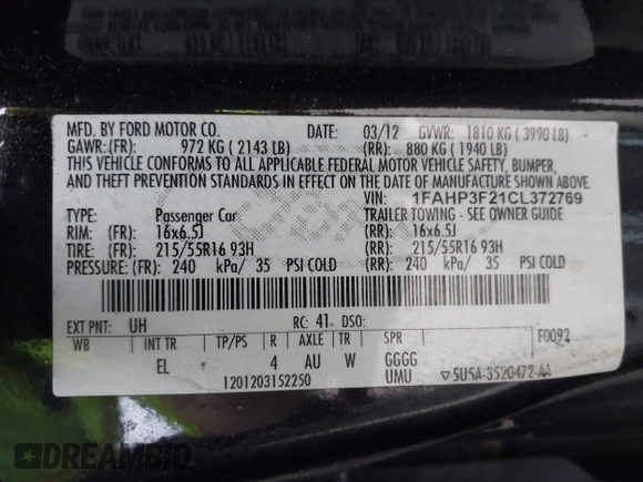 2012 Ford Focus SE with VIN 1FAHP3F21CL372769, listed as a IAAI auction lot 42107424 with 202,142 mi miles. Bid and sale history available at carsss.com. Image 9.