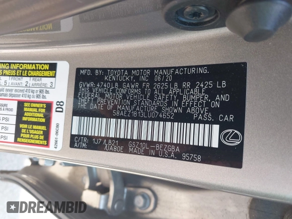 2020 Lexus ES 350 Luxury with VIN 58AEZ1B13LU074652, listed as a IAAI auction lot 42661429 with 21,906 mi miles and . Bid and sale history available at DreamBid. Image 9.