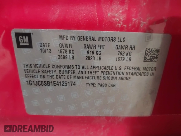 2014 Chevrolet Sonic LT with VIN 1G1JC6SB1E4125174, listed as a IAAI auction lot 41521991 with 125,490 mi miles. Bid and sale history available at carsss.com. Image 12.