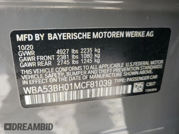 2021 BMW 5 Series 530i with VIN WBA53BH01MCF81039, listed as a Copart auction lot 59368965 with 49,760 mi miles and Salvage title. Bid and sale history available at DreamBid. Image 13.