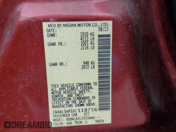 2014 Nissan Altima 2.5 S with VIN 1N4AL3AP1EC118756, listed as a Copart auction lot 53702065 with 199,305 mi miles and Salvage Title. Bid and sale history available at carsss.com. Image 13.