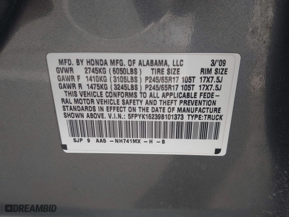 2009 Honda Ridgeline RT with VIN 5FPYK16239B101373, listed as a IAAI auction lot 41169343 with 1 mi miles. Bid and sale history available at carsss.com. Image 9.