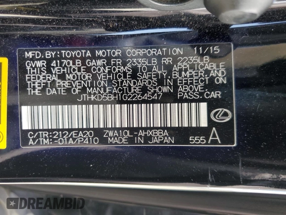2016 Lexus CT 200h with VIN JTHKD5BH1G2264547, listed as a Copart auction lot 54964895 with 57,305 mi miles and Salvage Title. Bid and sale history available at carsss.com. Image 12.